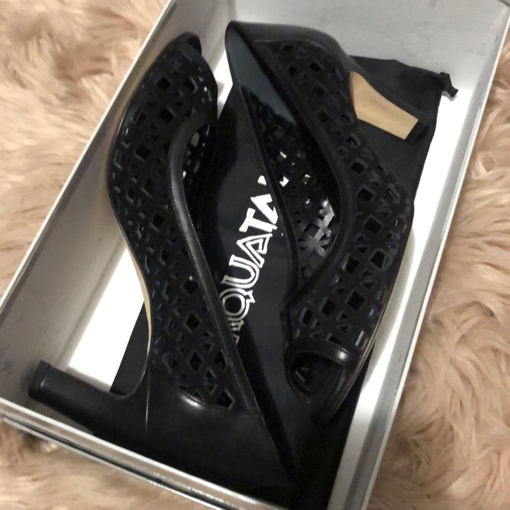 Black suede Aquatalia peep toe pump heel